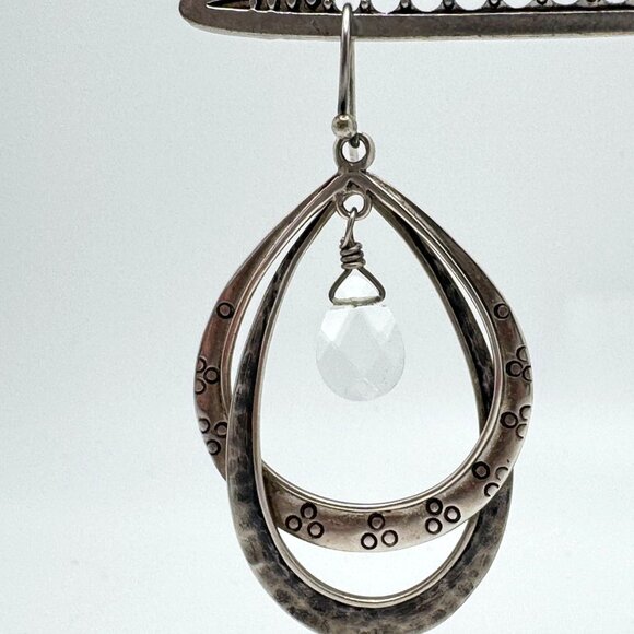 Silpada Sterling Silver Double Hoop Earrings Clear Crystal Dangle Etched Design - Picture 5 of 7